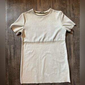 Zara-Cream Suede and Leather Texture Short Sleeve Dress-Size XL